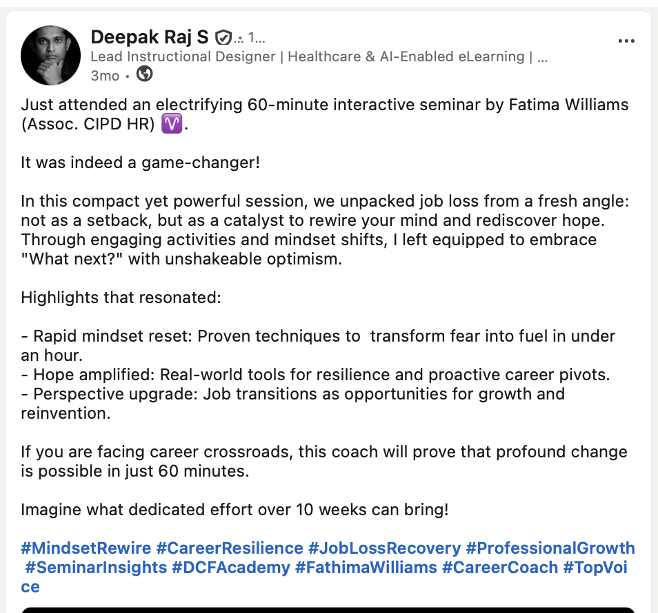 Deepak's LinkedIn post after attending Fatima's workshop — mindset reset, perspective shift