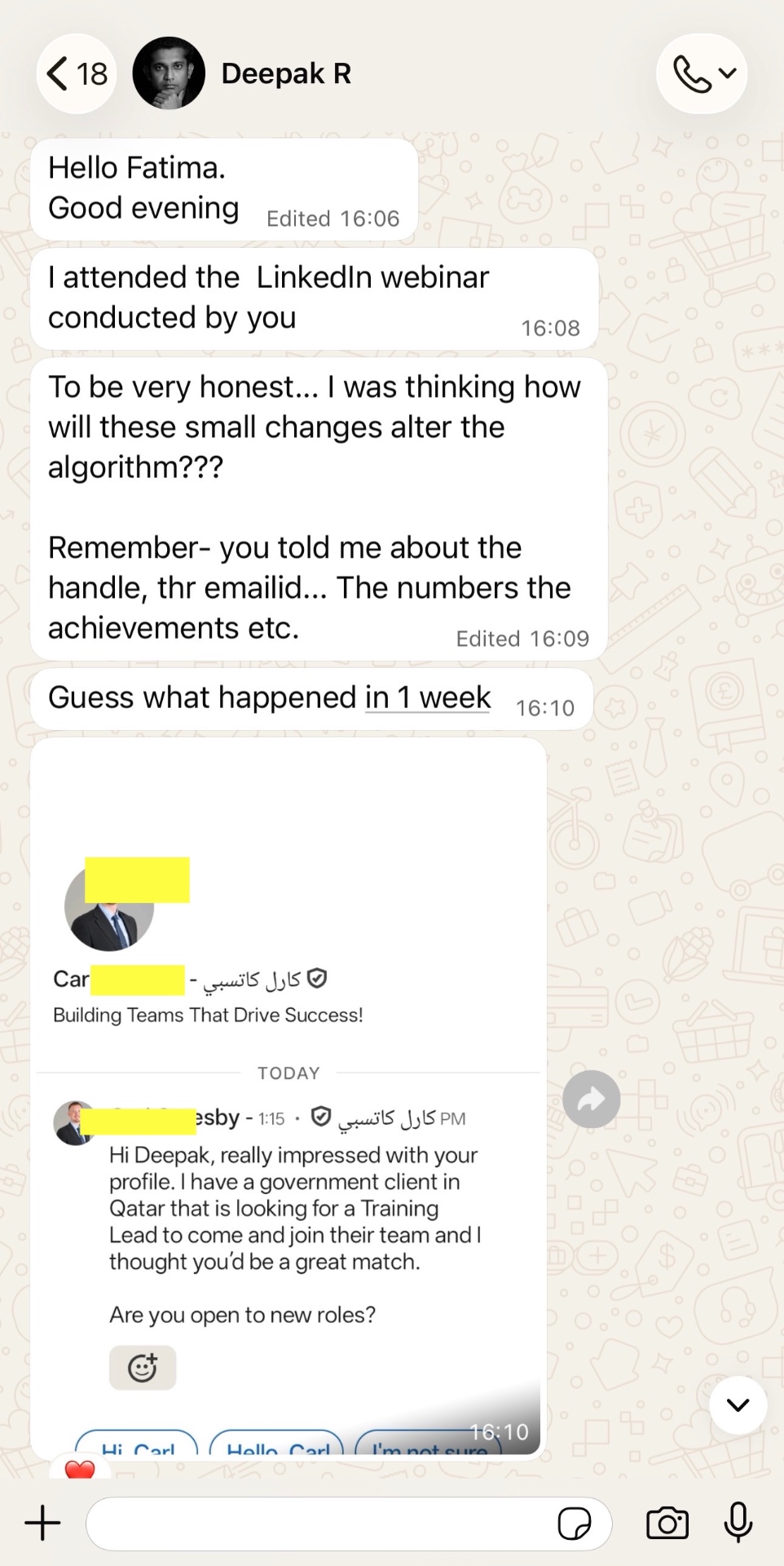 WhatsApp message from Deepak — recruiter from Qatar reached out for a Training Lead role within 1 week